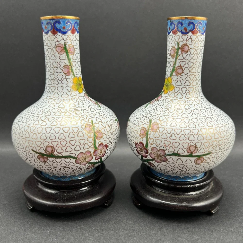 Vintage Cloisonne Vases Cherry Blossom White Pink Yellow Wood Stands Pair 4